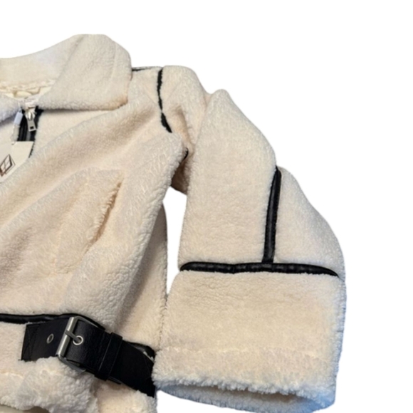 New cream Shearling Bomber Jacket faux Leather Black Trim Sz L - Picture 7 of 12